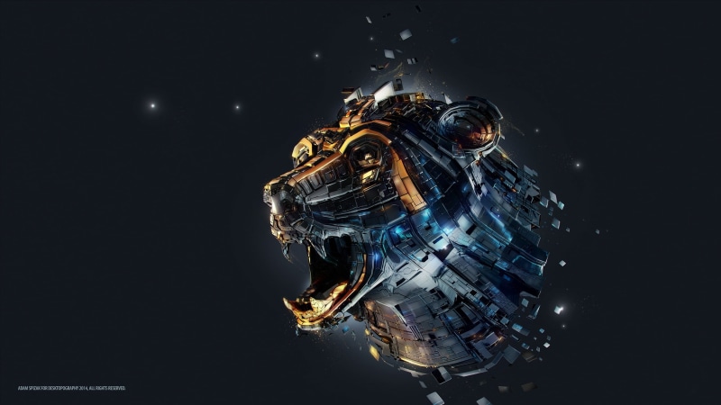 cable, black background, metal, digital art, communication, indoors, animals, Desktopography, innovation, lion, gray, robot, head, 2K, space, electronics industry