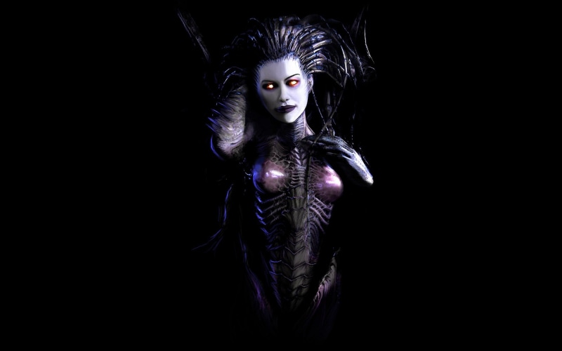 Queen of Blades, adult, beautiful woman, Starcraft II, one person, looking at camera, artwork, lifestyles, indoors, black background, StarCraft II : Heart Of The Swarm