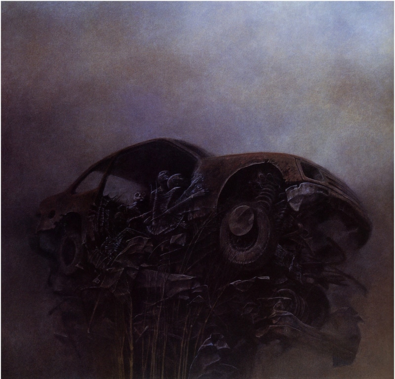 dark, aw, zdzisław beksiński, 720P, zdzis, artwork, ruined car, ski, scary, beksi, car, ruined
