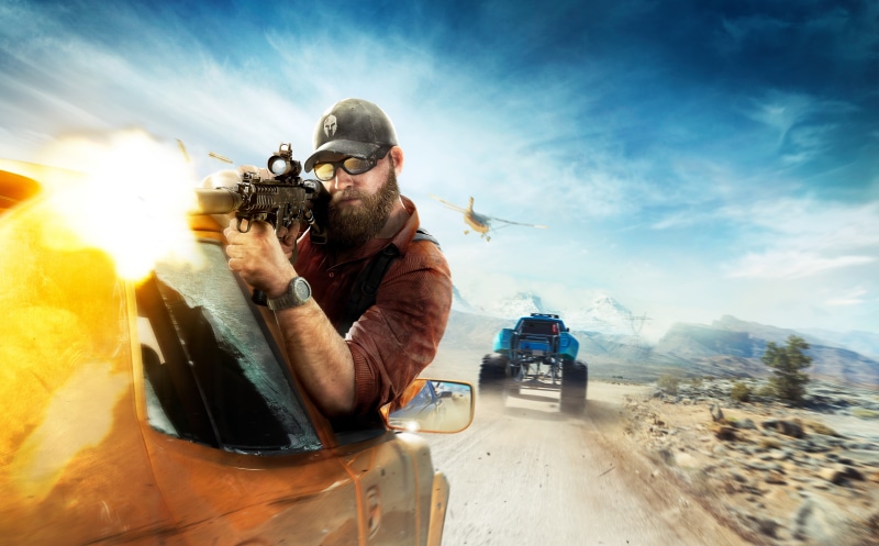 Narco, lifestyles, mid adult men, sky, men, real people, 2017, Game, one person, monstertrucks, cloud - sky, Shooter, leisure activity, adult, keyart, black