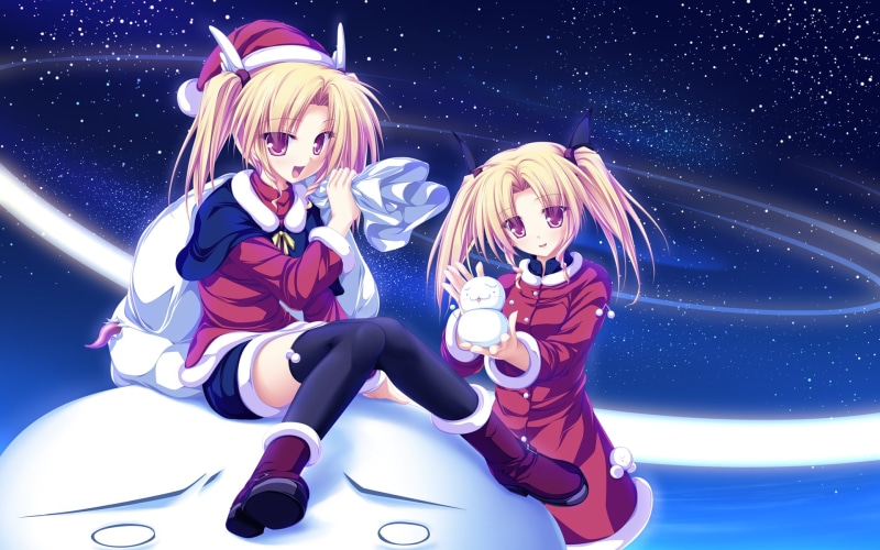 Magus Tale, knee-highs, Nina Geminis, anime girls, 1080P, night, blonde, stars, Rena Geminis, snowmen, Santa hats