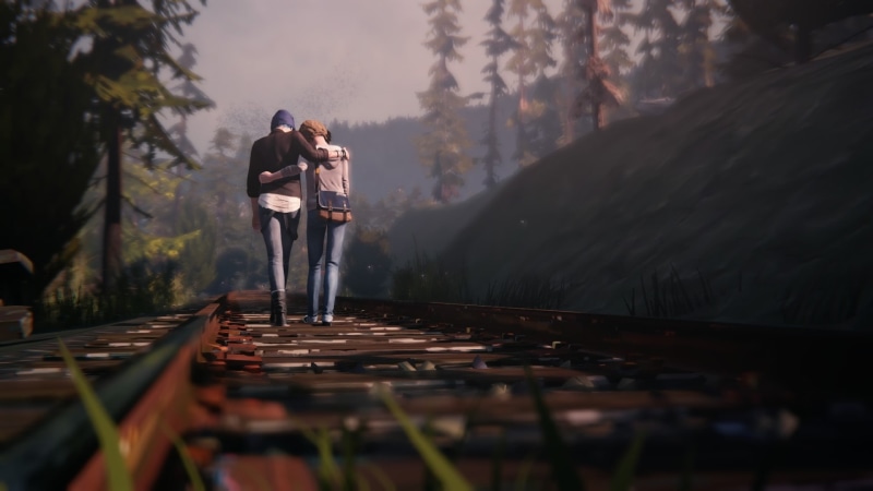 casual clothing, rail transportation, 1080P, Life Is Strange, transportation, outdoors, lifestyles, day, people, selective focus, plant, track, nature