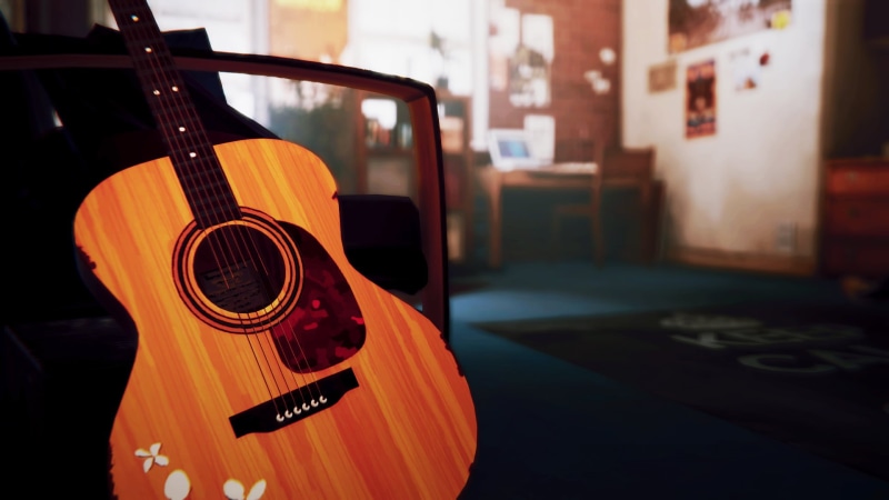orange color, indoors, musical instrument string, day, Life Is Strange, musical equipment, dreadnought, close-up, absence, acoustic, text, focus on foreground