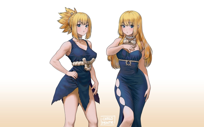 dress, 1080P, ponytail, short hair, cleavage, Kohaku (Dr. Stone), Ruri (dr. stone), long hair, blonde
