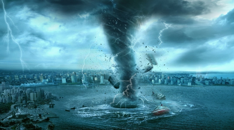 digital art, tornado, water, motion, power in nature, sea, power, scenics - nature, landscape, beauty in nature, hurricane, architecture, skyscraper, digital