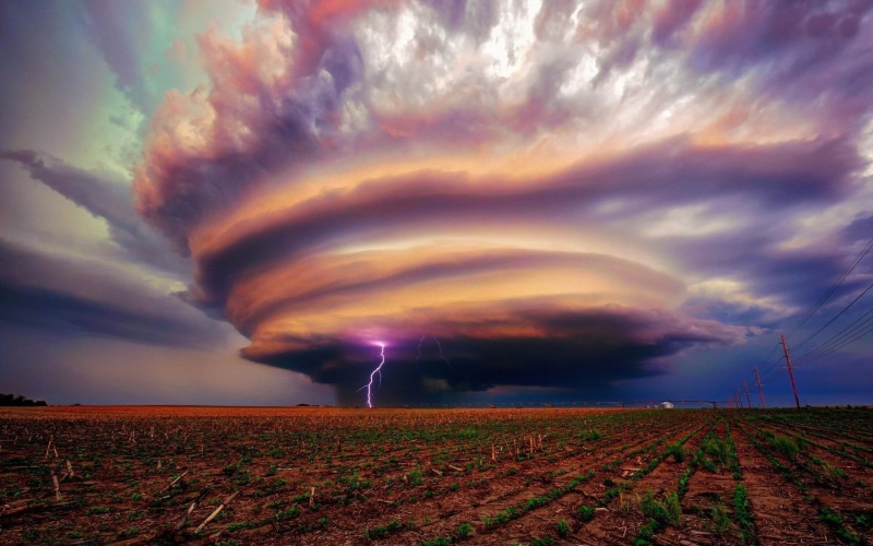 storm cloud, overcast, no people, ominous, tornado, beauty in nature, cloud - sky, landscape, sky, land, power in nature, field, thunderstorm, sunset, extreme weather