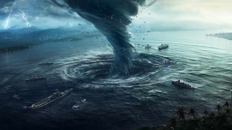 palm trees, satellite, cloud - sky, digital composite, ship, mountains, sea, nature, apocalyptic, aircraft carrier, illustration, human body part, aerial view