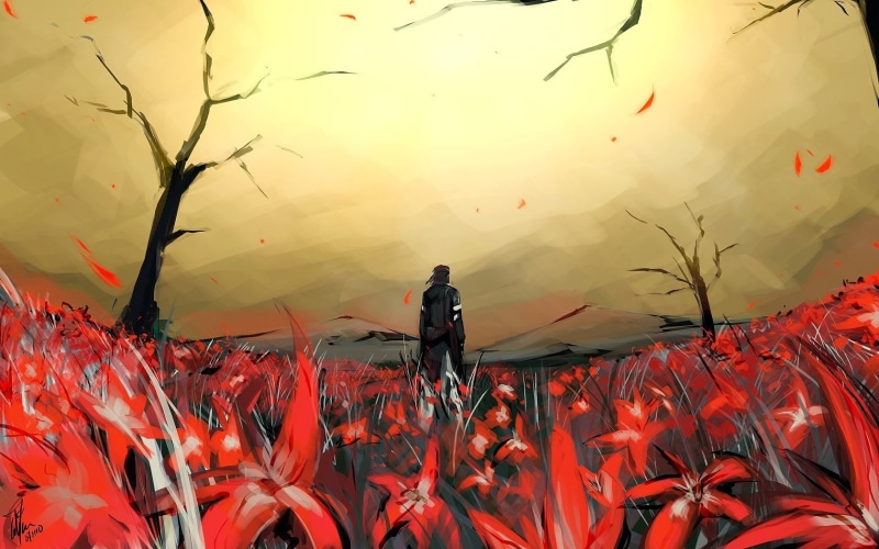video games, Metal Gear Solid, one person, land, leaves, leisure activity, men, nature, leaf, outdoors, plant, flowers, 720P, trees, orange color, growth