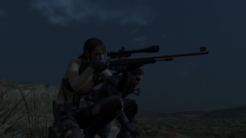 2K, young men, weapon, holding, adult, one person, video games, Quiet, clothing, gun, screen shot, Big Boss, rifle, night, snake, aiming, nature, Metal Gear Solid V: The Phantom Pain