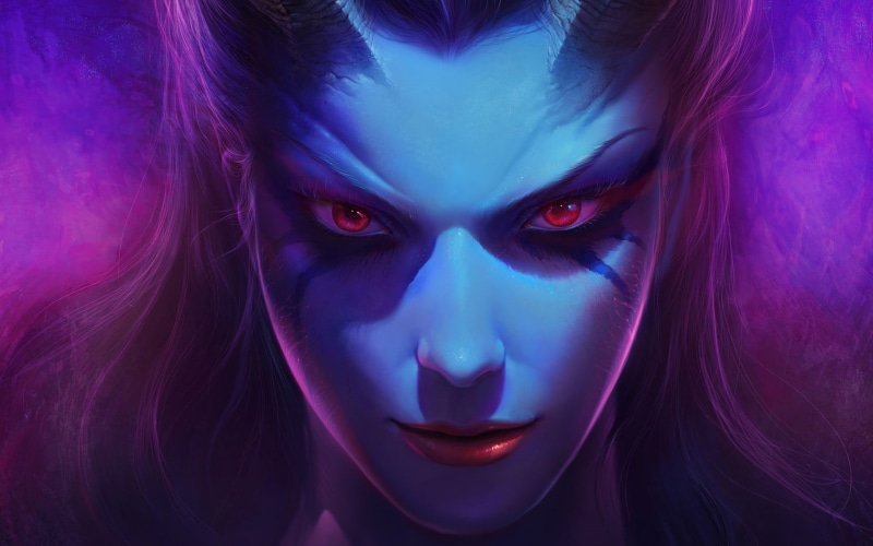 pink color, female, face, illustration, witch, human body part, adult, digital art, fantasy girl, portrait, beautiful woman, hair, red eyes, females, character