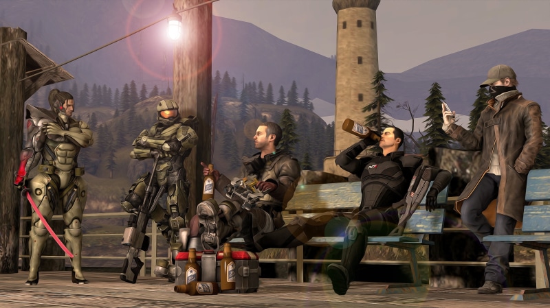 sitting, nature, real people, bench, weapon, game, representation, lifestyles, women, sunlight, men, 2K, art and craft, Watch_Dogs, full length, Metal Gear Rising: Revengeance
