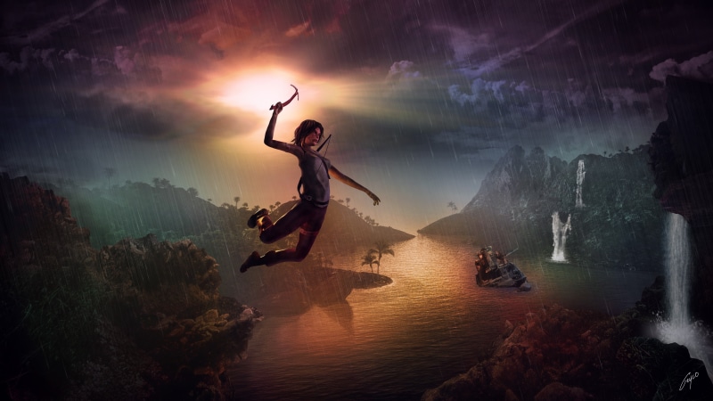 cloud - sky, Lara Croft, land, adult, sea, tranquility, beauty in nature, arts culture and entertainment, water, arms raised, full length, 5K, limb, sky