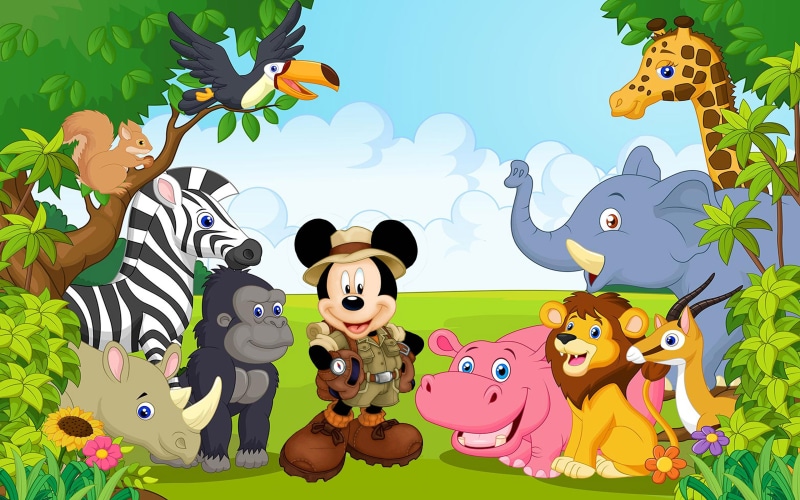 mammal, plant, safari, feline, mickey, tree, flower, representation, sky, animal representation, animal themes, cartoon, friends, multi colored, hd, mouse