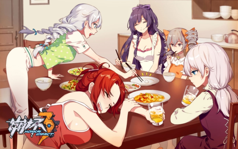 food and drink, females, Honkai Impact 3rd, Video Game, 1080P, female likeness, Theresa Apocalypse, Kiana Kaslana, adult, Raiden Mei, clothing, real people