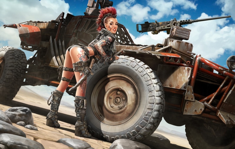 cloud - sky, machine, nature, tire, black, Mohawk, game, mode of transportation, transportation, adult, clothing, truck, day, look, Apocalypse, art, beside
