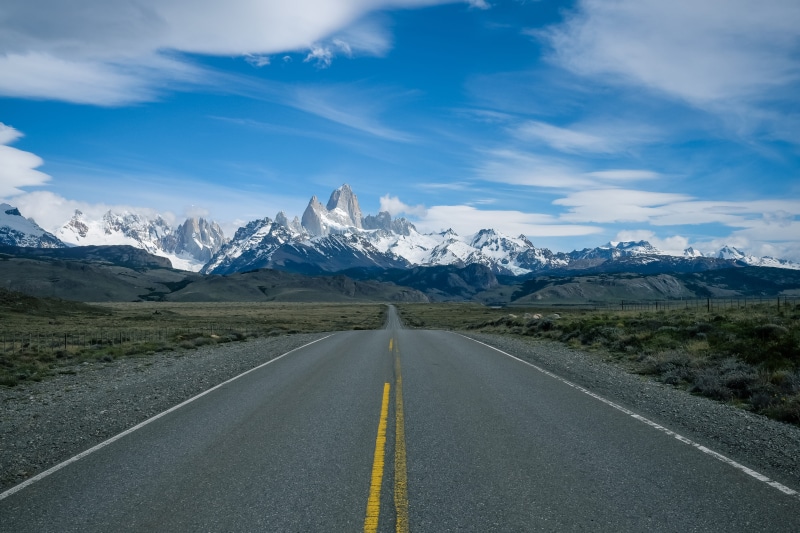 southamerica, transportation, el chalten, mountain range, scenery, mountain, fitzroy, outdoors, argentina, trip, direction, patagonia, road marking, sky
