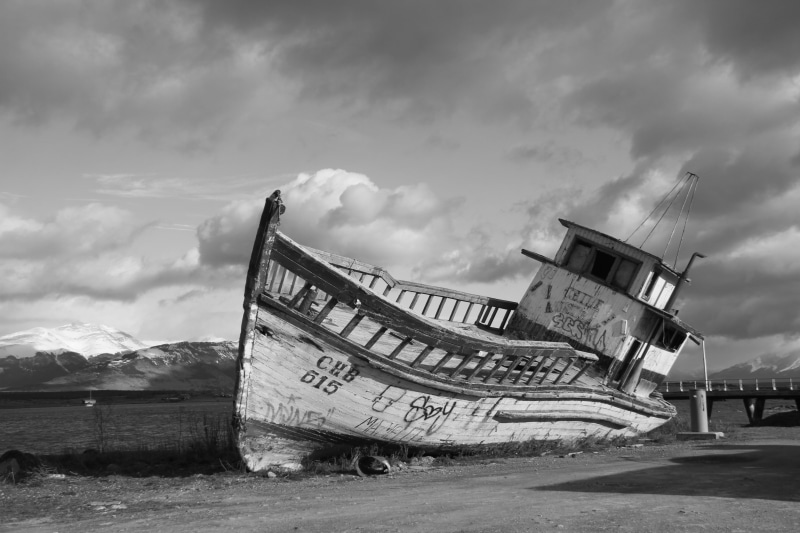 outdoors, western script, southamerica, patagonia, sky, beauty in nature, transportation, moored, sea, water, bnw, blackandwhite, abandoned, chile, overcast