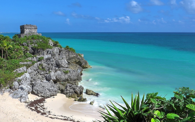 beach, scenics - nature, beauty in nature, day, nature, plant, turquoise colored, ocean, sea, sky, cloud - sky, Tulum, seashore, horizon over water, tranquil scene