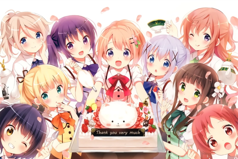 artwork, multi colored, collection, white skin, representation, Ujimatsu Chiya, Kafuu Chino, no people, still life, Tippy ( gochuumon wa usagi desu ka ? )