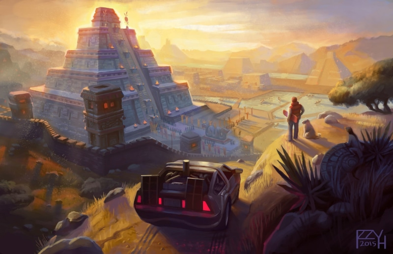 Back to the Future, watermarked, 1080P, movies, Aztec, Maya (civilization), artwork, pyramid, mayan, DeLorean, fantasy art