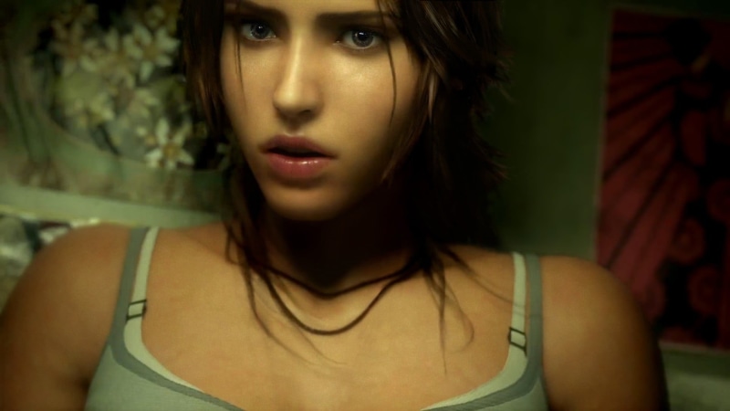 front view, young adult, contemplation, one person, Tomb Raider, 1080P, beautiful people, emotion, hair, long hair, looking at camera, portrait, hairstyle