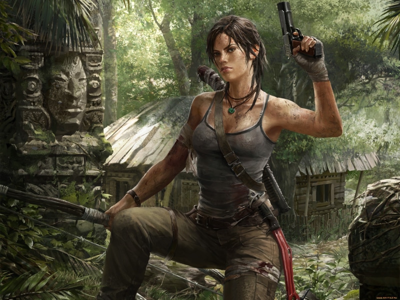 mid adult women, video games, the past, croft, plant, 2K, mid adult, hairstyle, Lara Croft, real people, forest, day, nature, adult, gun, three quarter length