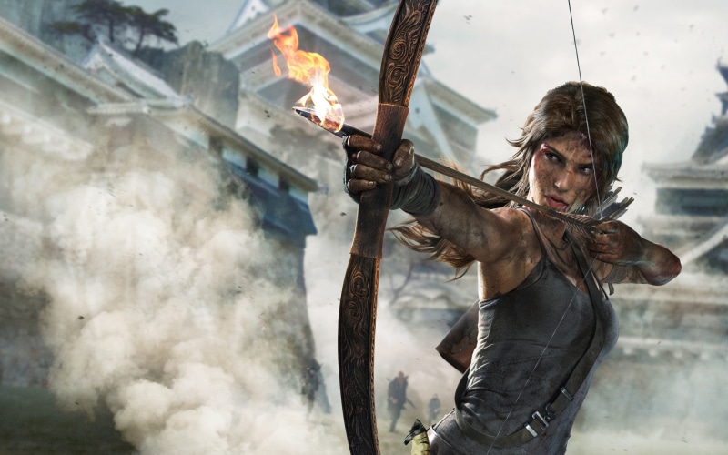 2K, hd, raider, lara, arrow, tomb, fire, croft, video games, bow