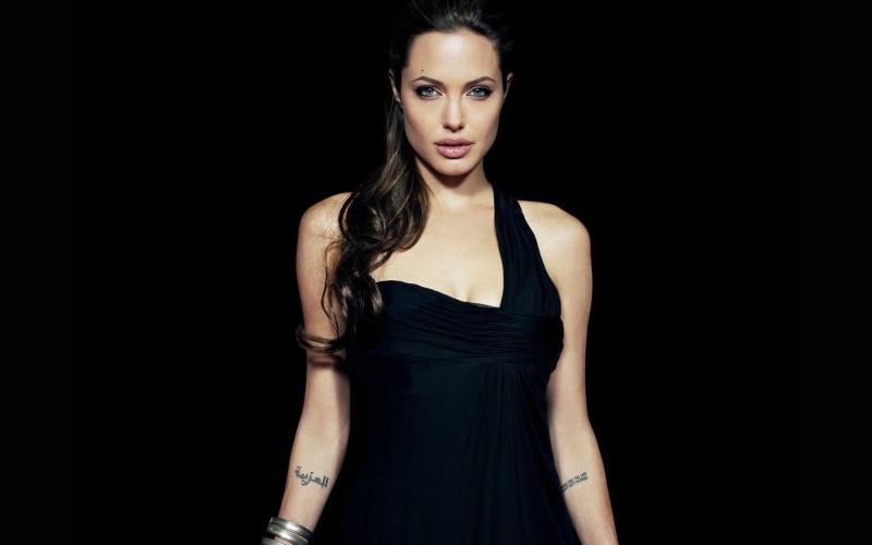 jolie, one person, portrait, 1080P, studio shot, front view, dress, young women, looking at camera, Angelina Jolie, hair, hairstyle, women, adult, clothing