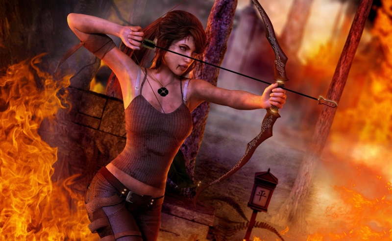 raider, lara croft, sign, chain, hairstyle, Tomb Raider, Games, tomb, flame, front view, 2K, young adult, rise, women, lara, nature, burning