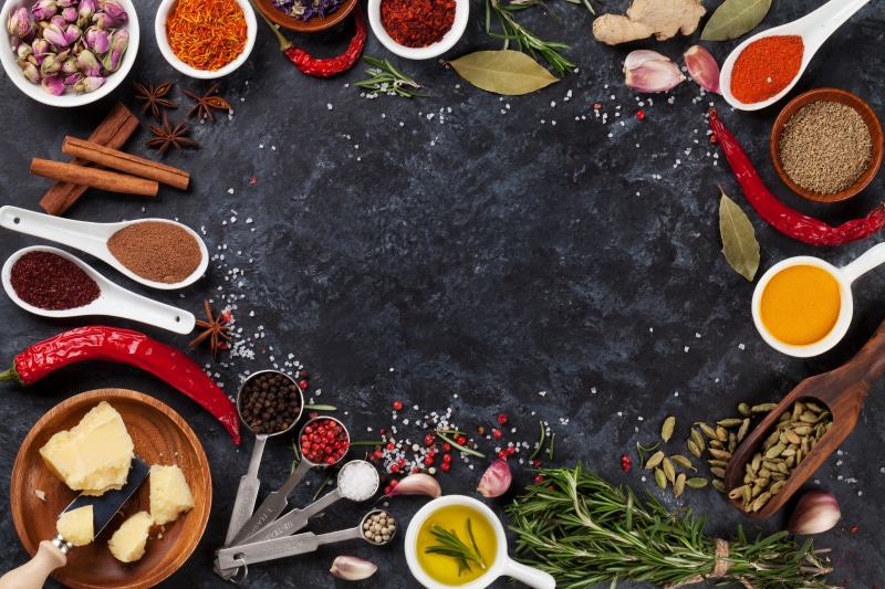 salt, anise star, spices, pepper, 5K, rosemary, cinnamon, Chile, Bay leaf