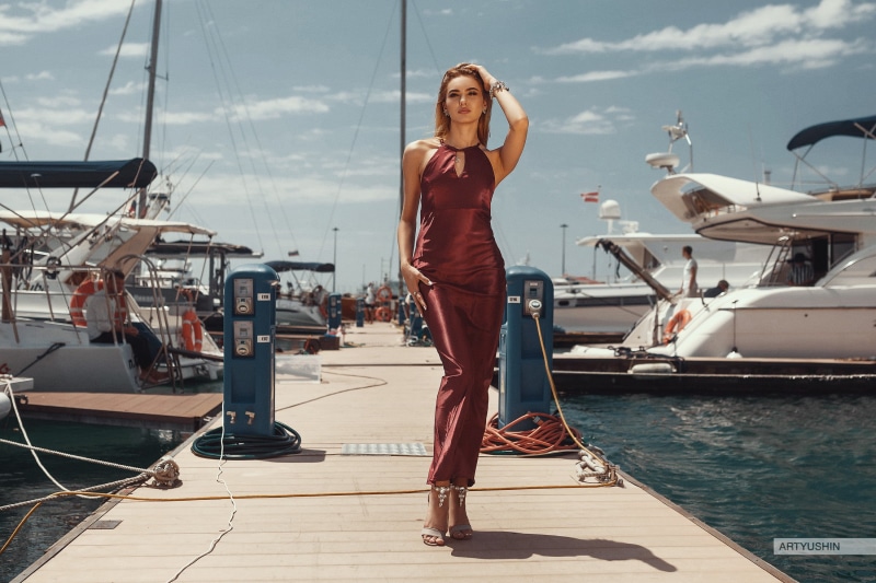 dock, transportation, women, casual clothing, yachts, moored, Anton Artyushin, red, beautiful woman, nautical vessel, sea, day, front view, full length