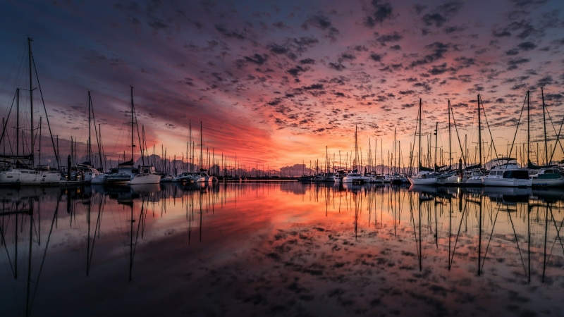 4K, dock, evening, horizon, dusk, reflection, waterway, harbor, yacht, yachts, cloud, calm, sky, boats, water, sunset, marina