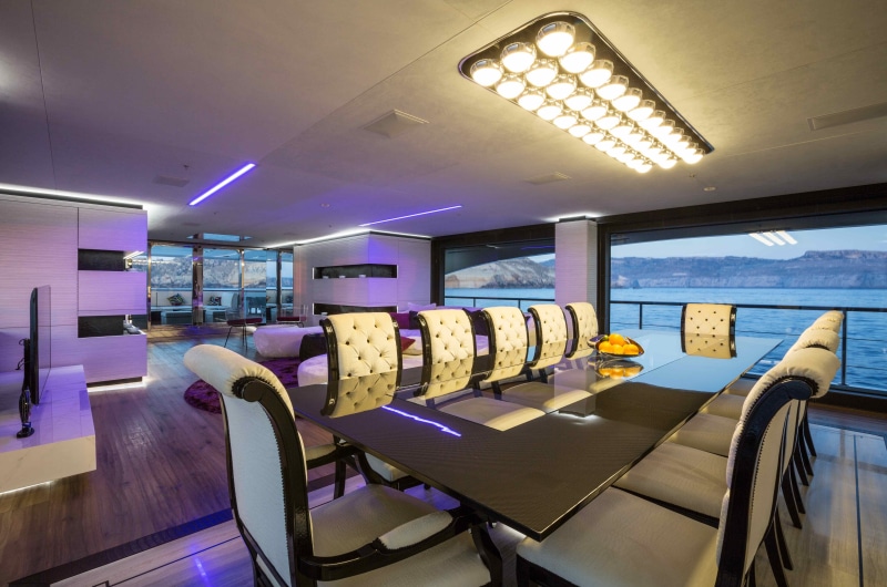 lighting equipment, interior design, set, 5K, illuminated, interior, indoors, table, luxury, purple, yacht, domestic room, architecture, ceiling, food and drink