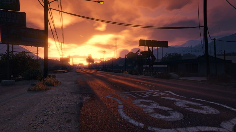 the way forward, no people, xbox games, outdoors, sunlight, city, sunset, transportation, street, orange color, cloud - sky, gta 5, road, pc games, direction