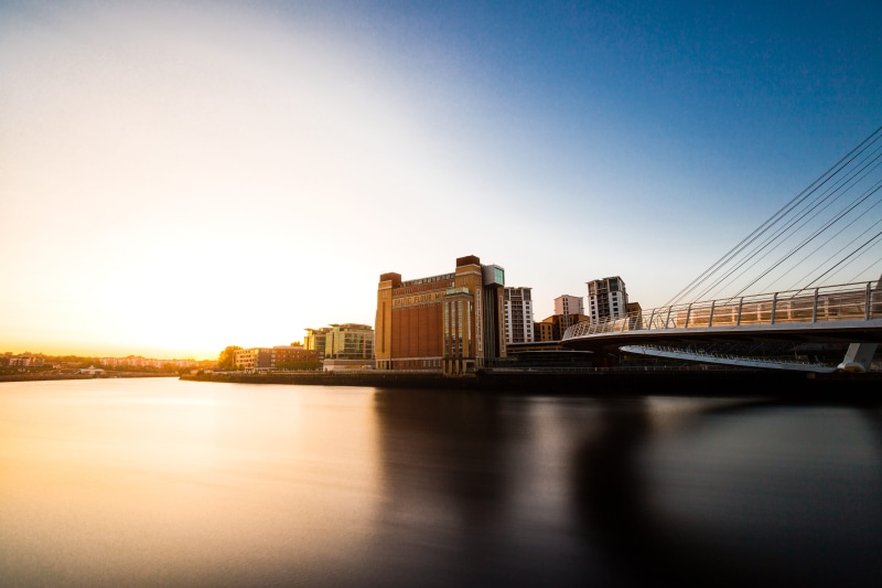 clear sky, sun, landscape, connection, bright, united kingdom, sunrise, financial district, newcastle upon tyne, transportation, urban skyline, bridge