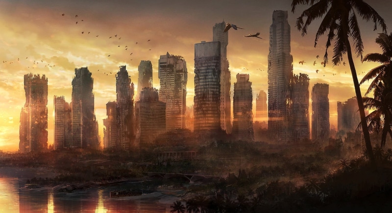 silhouette, travel, reflection, dusk, famous Place, residential district, nature, postapocalyptic, flying, office Building, office building exterior, twilight