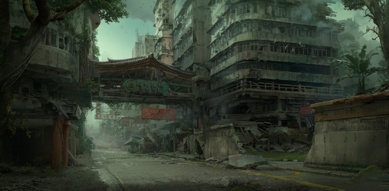 destroyed buildings, Hong Kong, the ruined city, abandoned area, deserted city, ruins, by Daniel Romanovsky, postapocalyptic, 1080P, in the dark