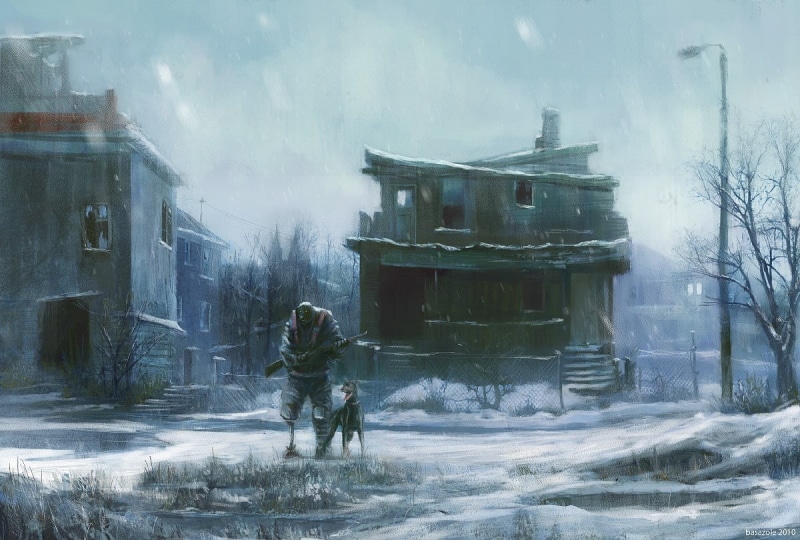 apocalyptic, snow, postapocalyptic, dogs, house, 480P, animals, Winter, art, abandoned, hd, x