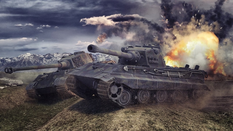 aggression, battle, military, army, World of Tanks, E-75, transportation, day, Tiger II, shooting a weapon, outdoors, tank, conflict, armored tank, motion