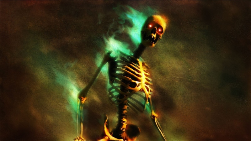 1080P, digital art dark betrayer skull skeleton red eyes burning glowing glowing eyes video games bones