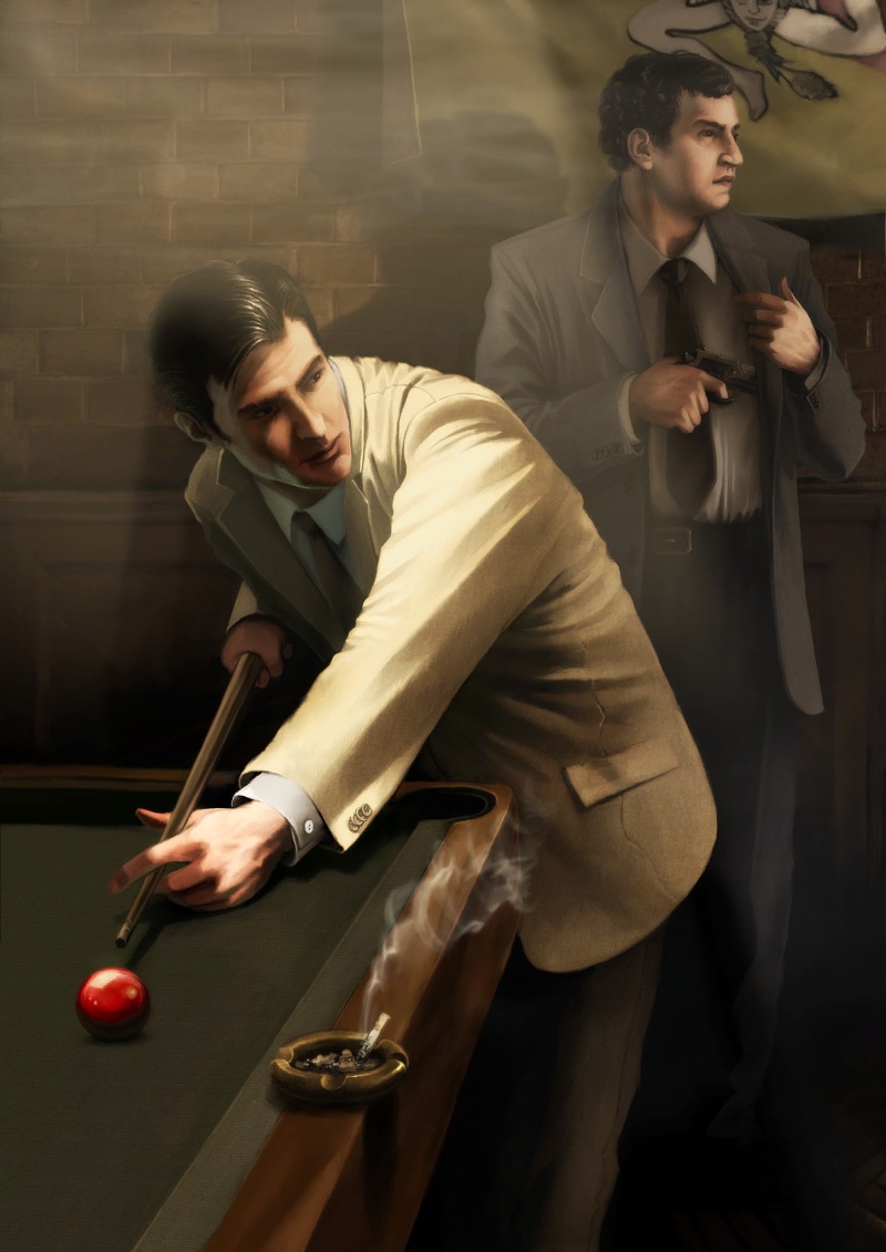 young adult, ball, playing, holding, indoors, artwork, leisure activity, pool table, young men, people, two people, well-dressed, Mafia II, 1080P, sport