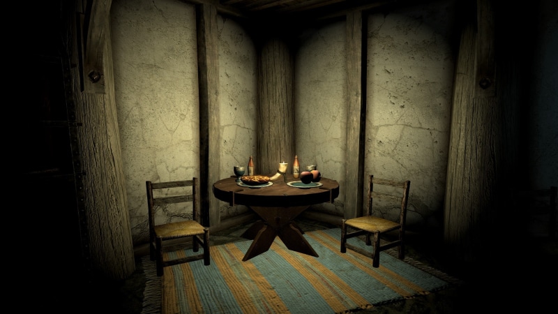 wood - material, spirituality, seat, belief, religion, architecture, burning, CGI, altar, indoors, table, built structure, electric lamp, no people, The Elder Scrolls V: Skyrim