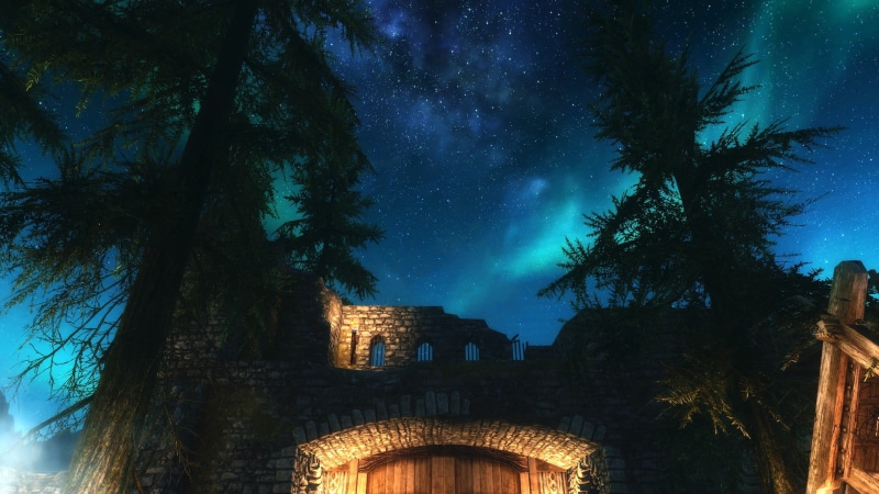 blue, night, dusk, history, brown, The Elder Scrolls V: Skyrim, low angle view, aurorae, no people, illuminated, built structure, old, concrete, star - space