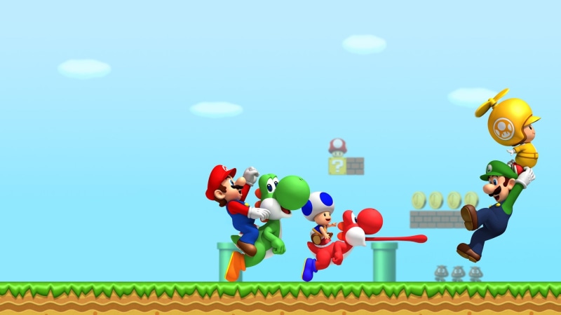 copy space, sky, nature, offspring, Super Mario, family, daughter, women, boys, super, girls, childhood, 1080P, adult, fun, Luigi, Toad (character), balloon