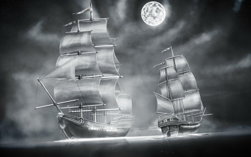 sailships, 1080P, clouds, black-and-white, moonshine, moon, sailing