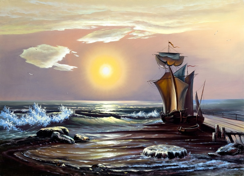 ship, sea, painting, sailship, sky, horizon, nature, motion, beach, the sun, wave, the sky, black, cloud - sky, no people, sun, sunset, sailboat, idyllic