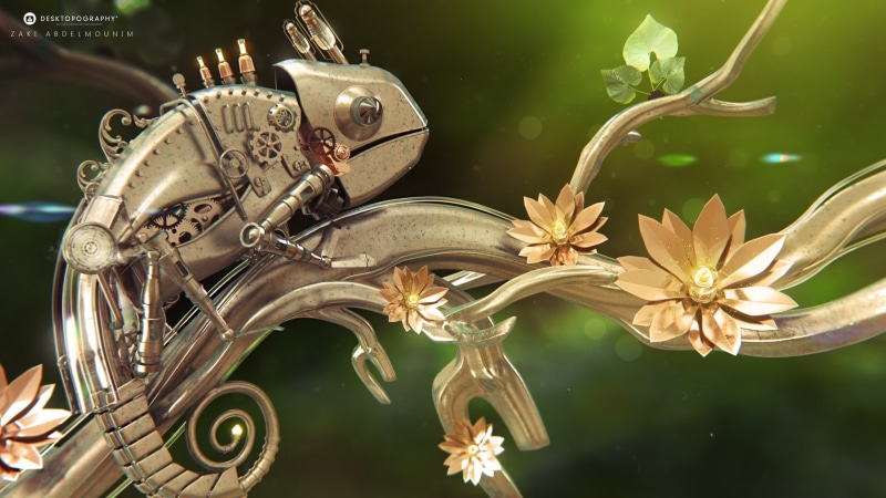  plant part, chameleon, flowering plant, 2K, focus on foreground, water, outdoors, close-up, chameleons, leaf, vulnerability, flower, day, nature