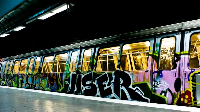 cars, underground, subway, platform, 1080P, graffiti, train, urban, lights