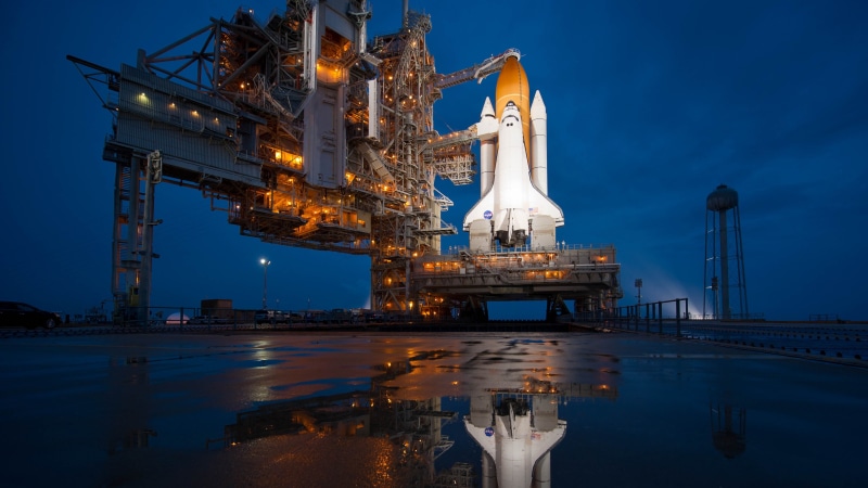 industry, water, blue, sky, built structure, NASA, transportation, outdoors, platform, night, crane - construction machinery, Space Shuttle Atlantis, pond