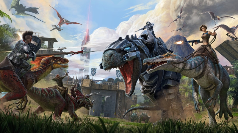 warriors, battle, dinosaurs, digital art, volcano, fantasy, artwork, game, fantasy art, 4K, creatures, walls, weapons, fantasy world, ARK Survival Evolved
